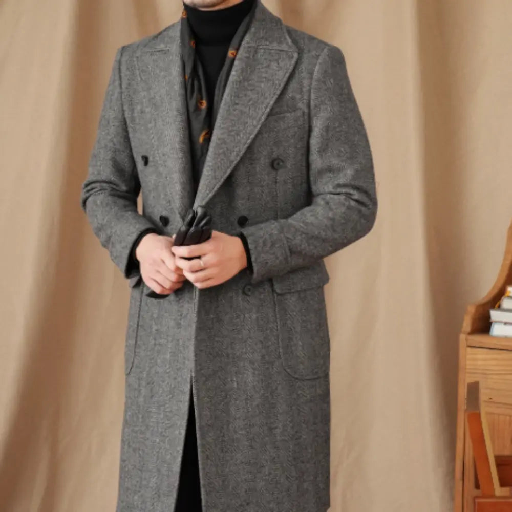 Slim Fit Wool Herringbone Coat for Men – Dark Grey & Black | Winter Warmth | Old Money Style