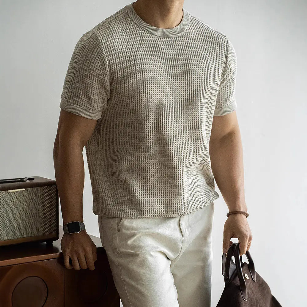 American Retro Waffle Drape Round Neck Short Sleeve T shirt – Apricot | Retro Casual Essential | Waffle Texture