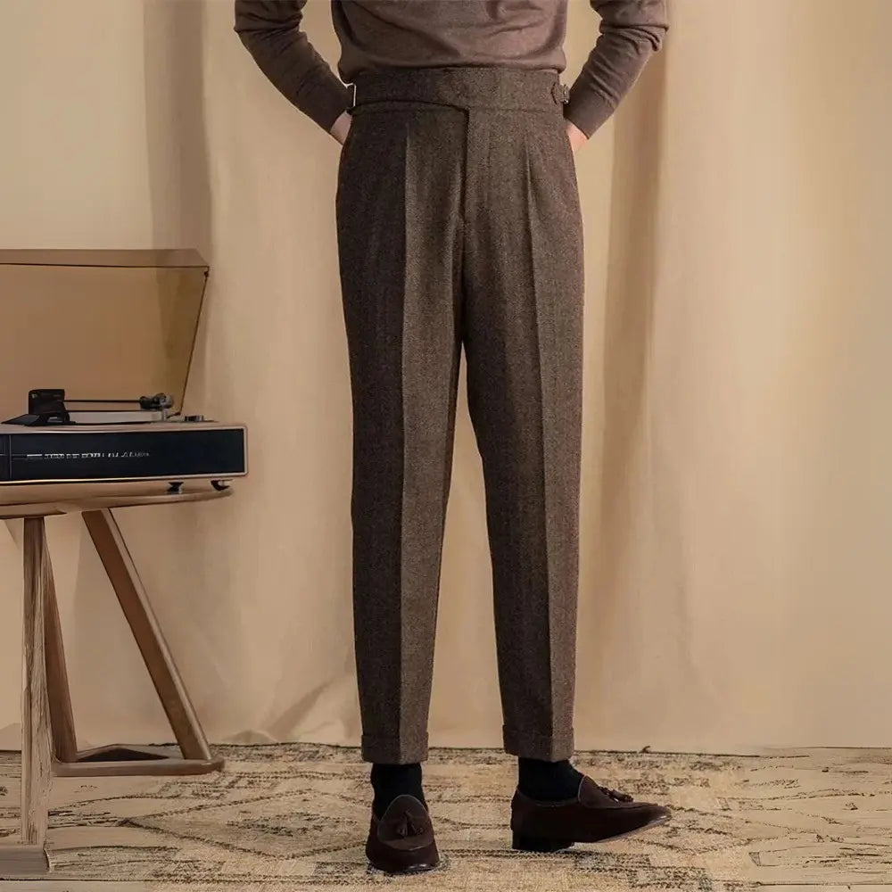 Regular Fit Mens Herringbone Pants – Charcoal Grey | Smart Casual | Old Money Menswear