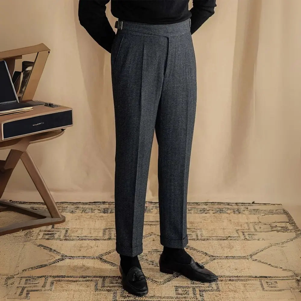 Regular Fit Mens Herringbone Pants – Charcoal Grey | Smart Casual | Old Money Menswear