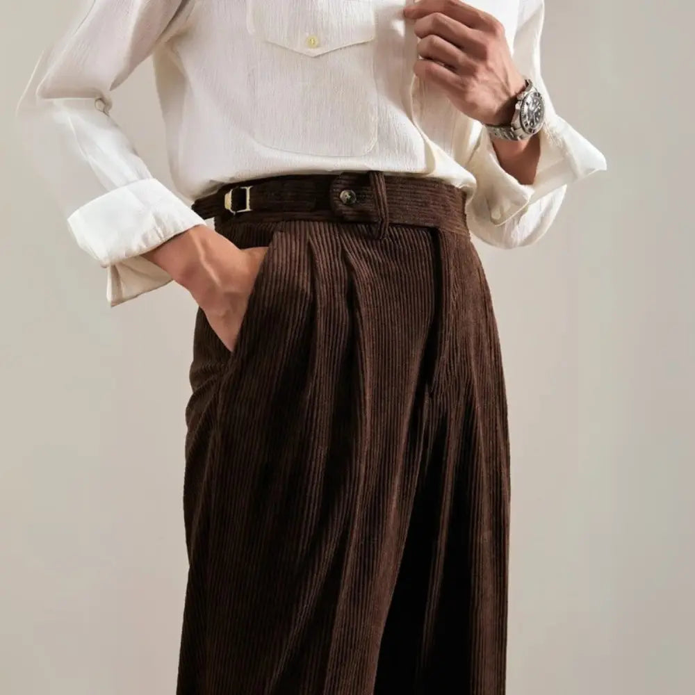 Loose Fit Pleated Corduroy Pants – Brown | Winterwear | Old Money Menswear