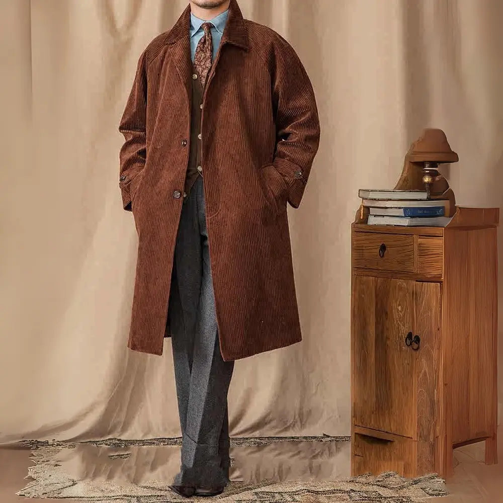 Autumn Corduroy Long-cut Coat Casual Loose Raglan Sleeve Retro Prendersons