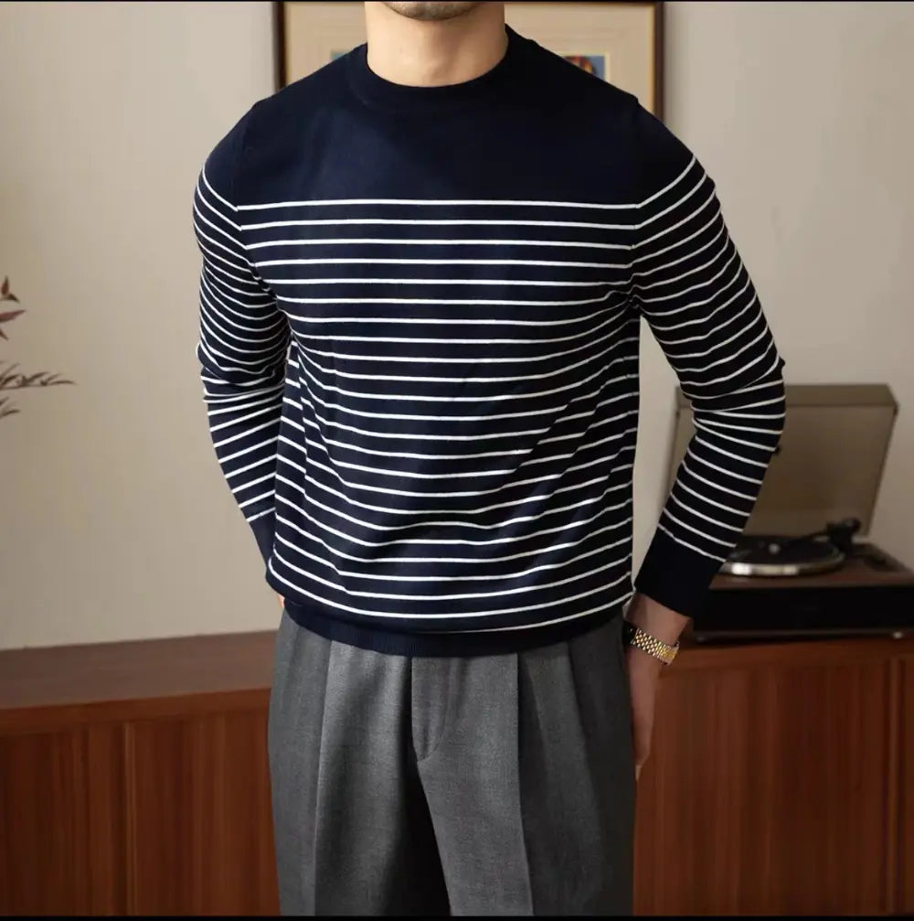Business Commute Contrast Color Long Sleeves Mens Striped Sweater– White & Navy | Old Money Knitwear