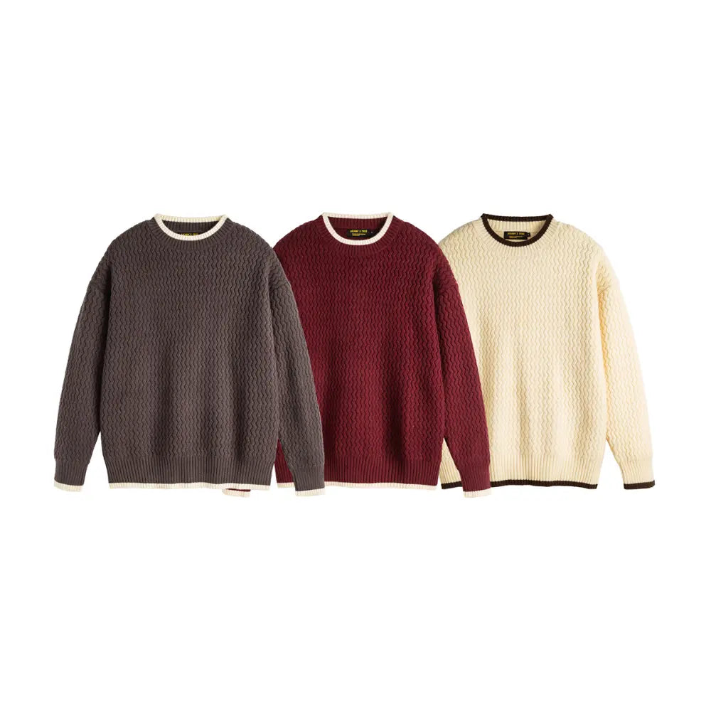 Color-block Crew Neck Sweater Men's Knitted Shirt Top – Grey, Beige & Wine Red | Leisurewear | Japanese Retro Style Prendersons