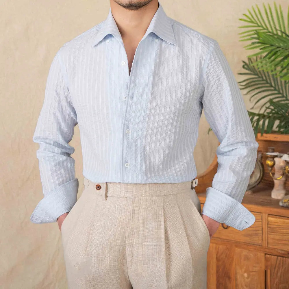 Regular Fit Men's Cotton Seersucker Shirt – Lake Blue & White | Casual Summer Essential | Old Money Menswear