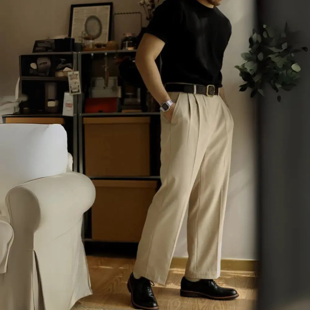 Loose Fit Double Pleated Cargo Trousers – Black or Khaki | Leisure Look | Men’s Old Money Casual