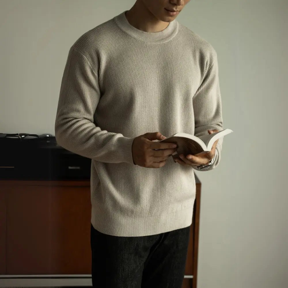 Slim Fit Jacquard Crew Neck Sweater – Olive Green | Autumn Casual | Quiet Luxury Knitwear