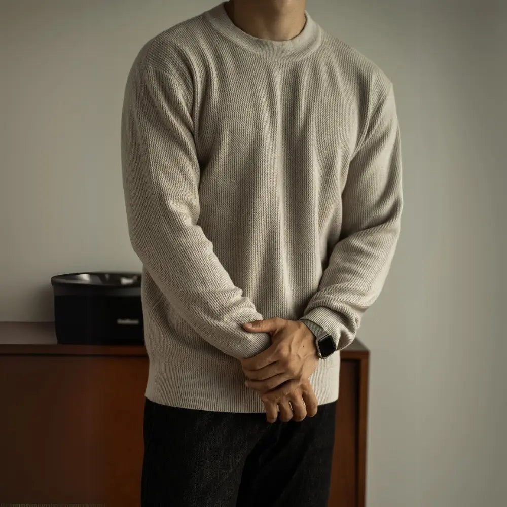 Slim Fit Jacquard Crew Neck Sweater – Olive Green | Autumn Casual | Quiet Luxury Knitwear