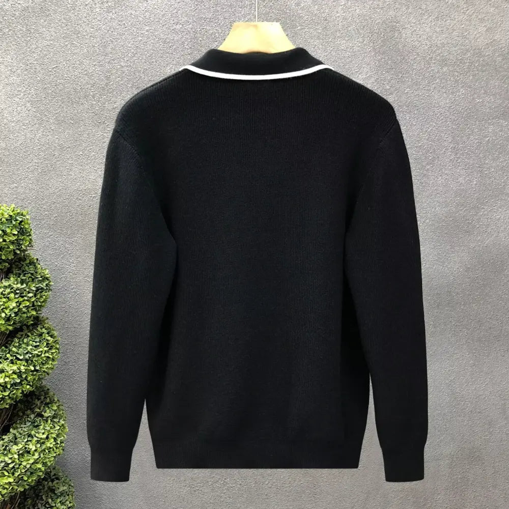 Lightly Mature Casual Polo Collar Sweater Men – Black & White | Leisurewear | Old Money Knit Pullover Prendersons