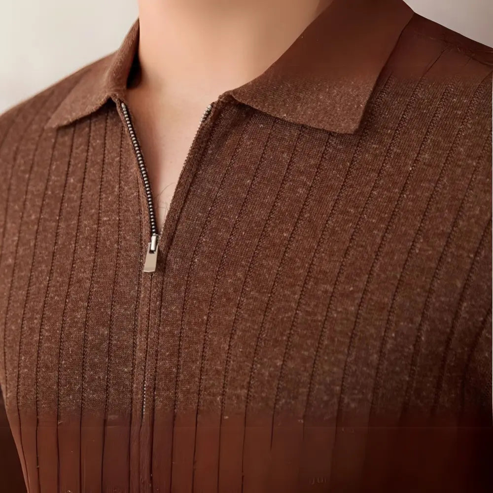 Linen Blend Lapel Zipper Sunken Stripe Short Sleeve Prendersons