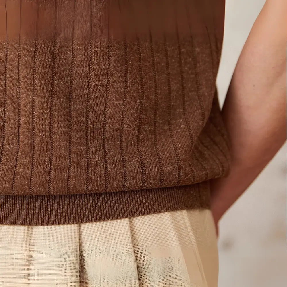 Linen Blend Lapel Zipper Sunken Stripe Short Sleeve Prendersons