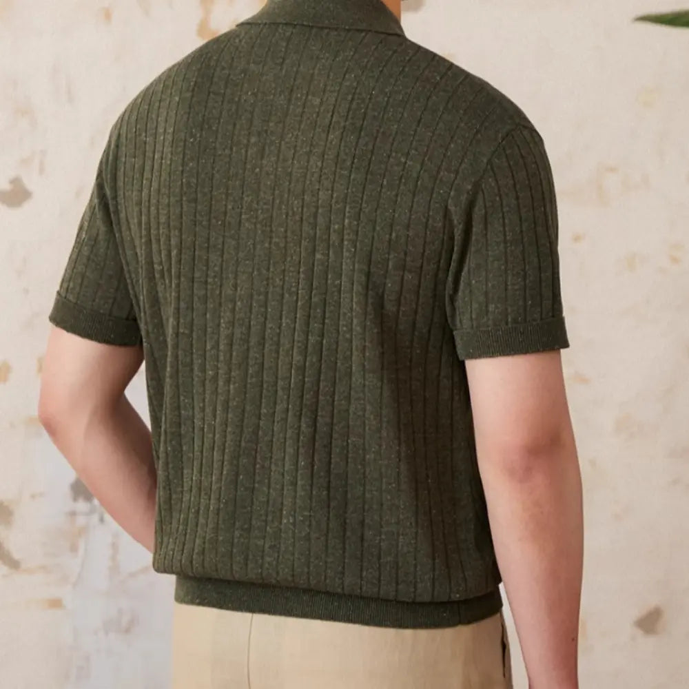 Linen Blend Lapel Zipper Sunken Stripe Short Sleeve Prendersons
