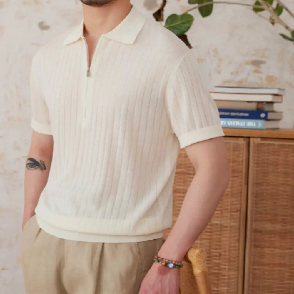 Linen Blend Lapel Zipper Sunken Stripe Short Sleeve Prendersons