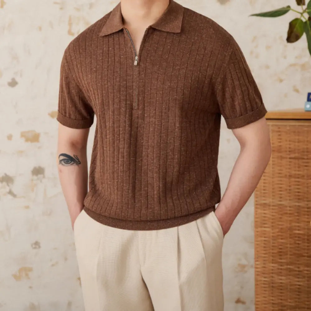 Linen Blend Lapel Zipper Sunken Stripe Short Sleeve Prendersons