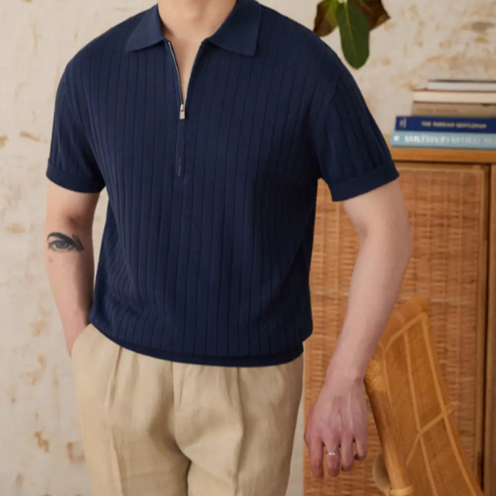 Linen Blend Lapel Zipper Sunken Stripe Short Sleeve Prendersons