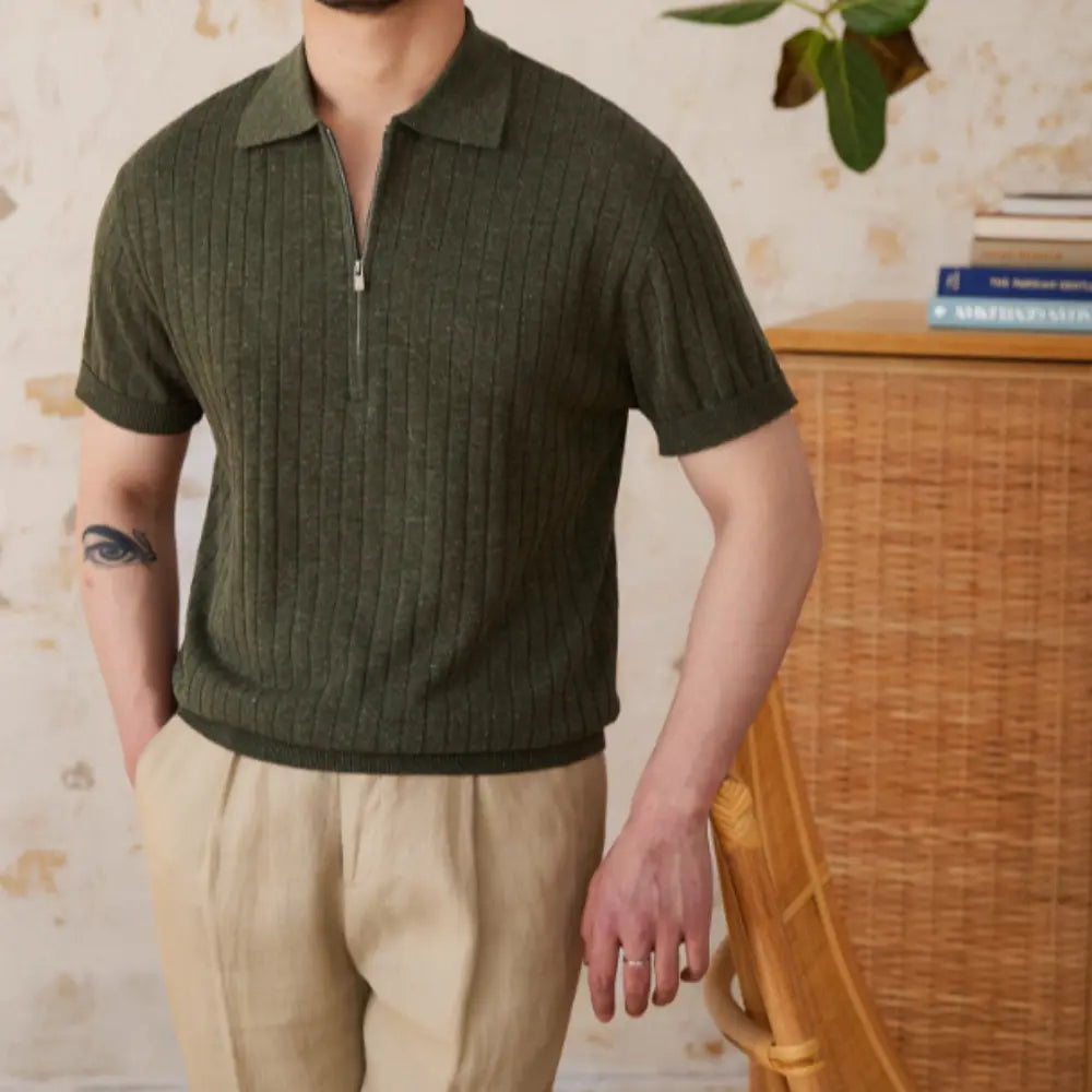 Linen Blend Lapel Zipper Sunken Stripe Short Sleeve Shirt - Navy Blue | Summer Casual | Textured Linen Blend