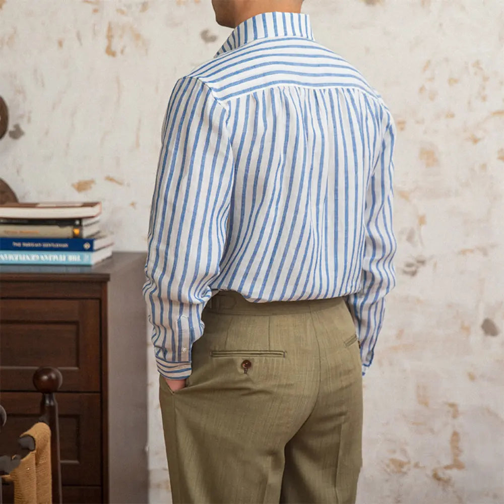 Linen Striped Long-sleeved Shirt With One Collar Prendersons