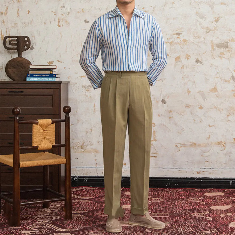 Linen Striped Long-sleeved Shirt With One Collar Prendersons