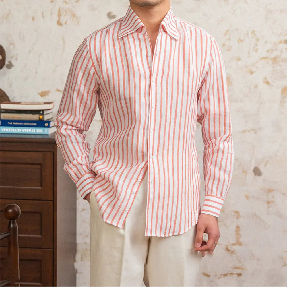 Linen Striped Long-sleeved Shirt With One Collar Prendersons