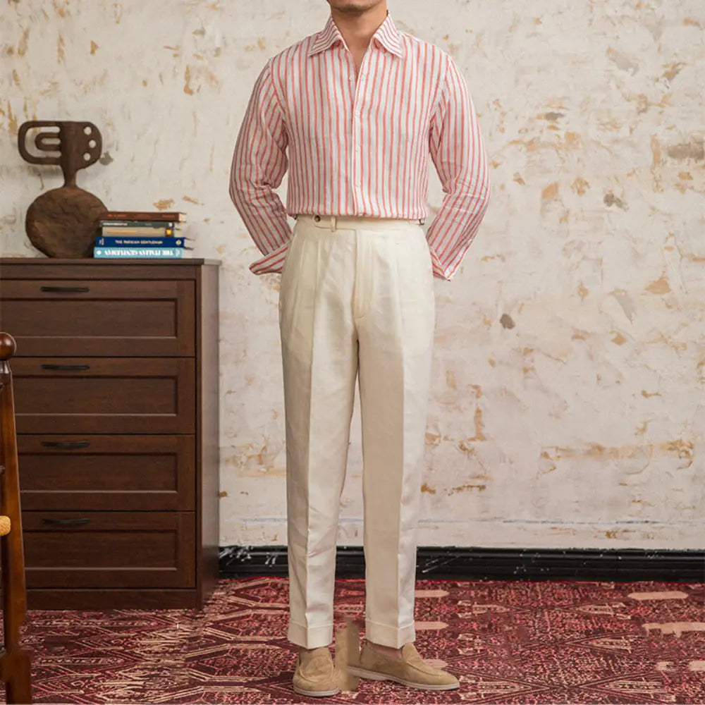 Linen Striped Long-sleeved Shirt With One Collar Prendersons