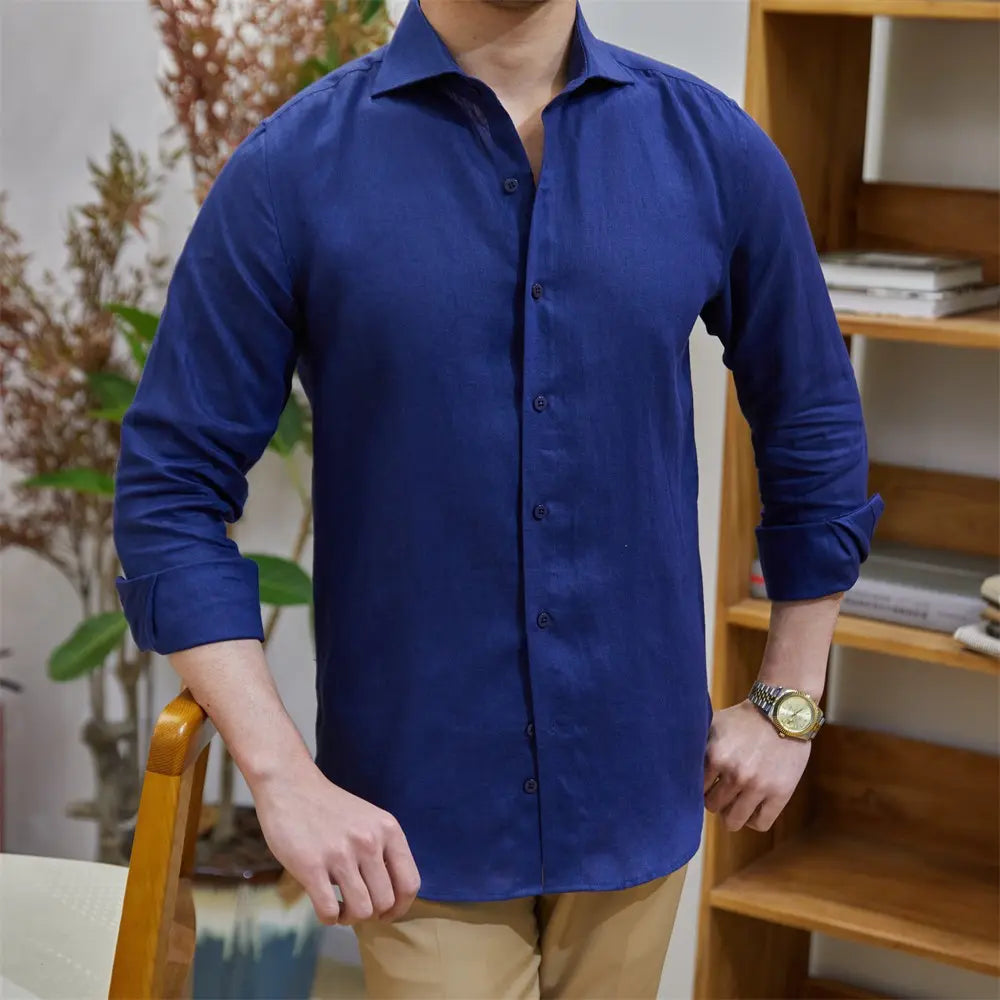 Men's Cotton Linen Casual Solid Color Long Sleeve Shirt Prendersons