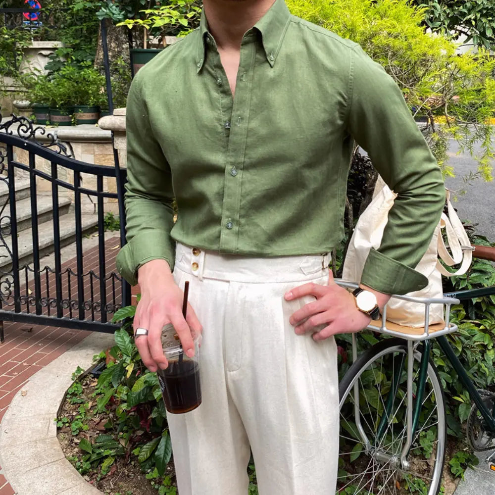 Men's Cotton Linen Casual Solid Color Long Sleeve Shirt Prendersons