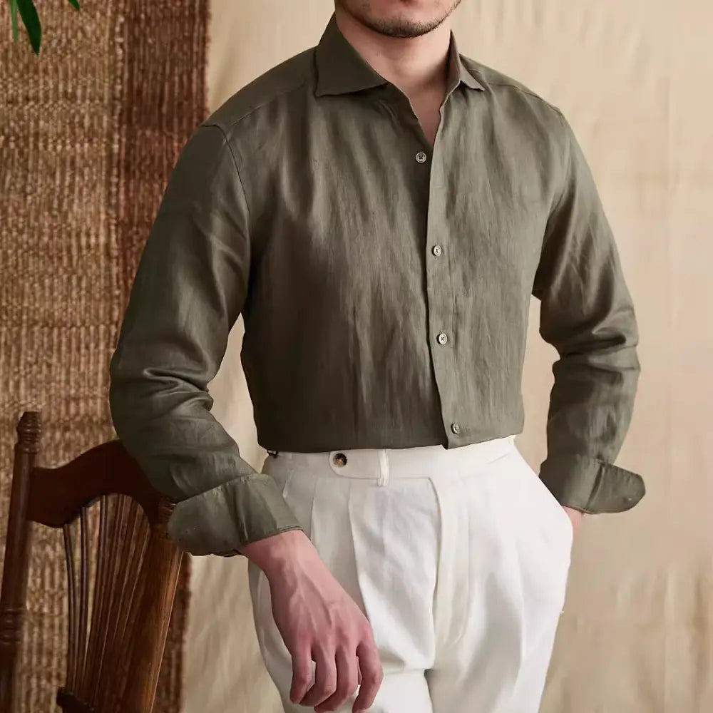 Men's Cotton Linen Casual Solid Color Long Sleeve Shirt Prendersons