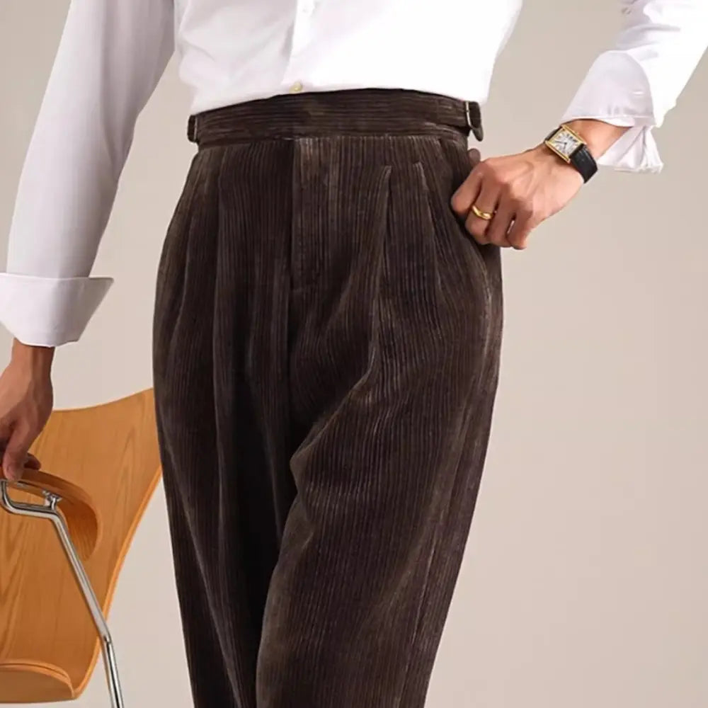 Men's High Waisted Vintage Corduroy Double Pleated Straight Leg Pants Prendersons