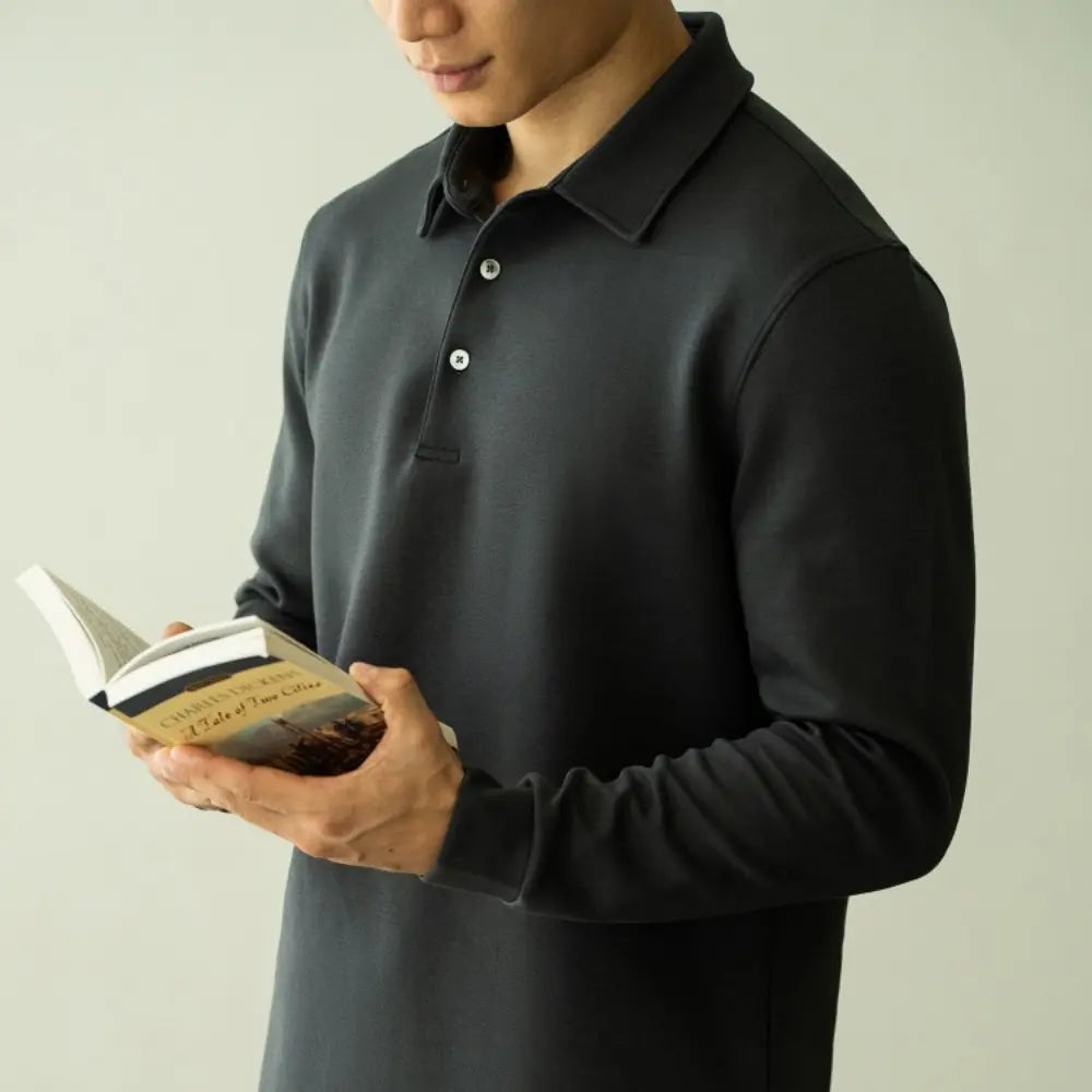 Slim Fit Long Sleeve Polo T Shirt – Gray, Black | Business Casual | Flocking Detail Prendersons