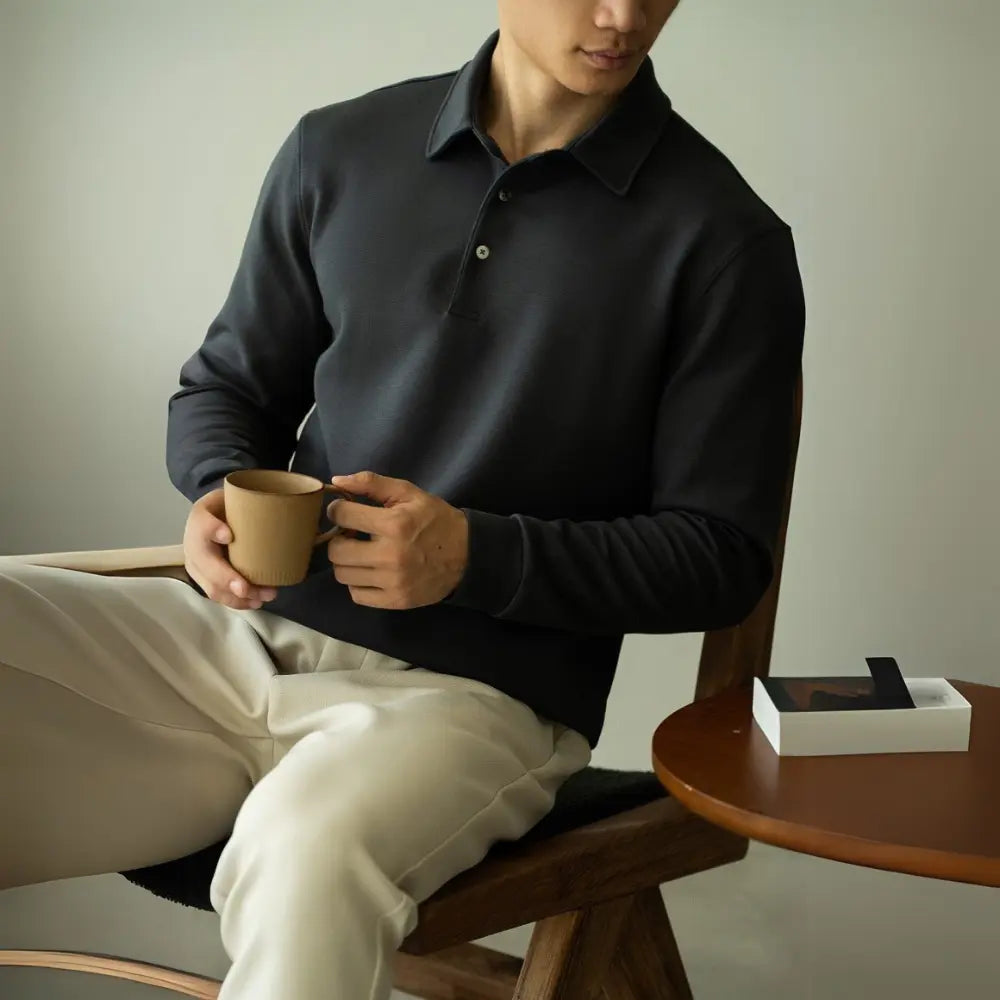 Slim Fit Long Sleeve Polo T Shirt – Gray, Black | Business Casual | Flocking Detail Prendersons