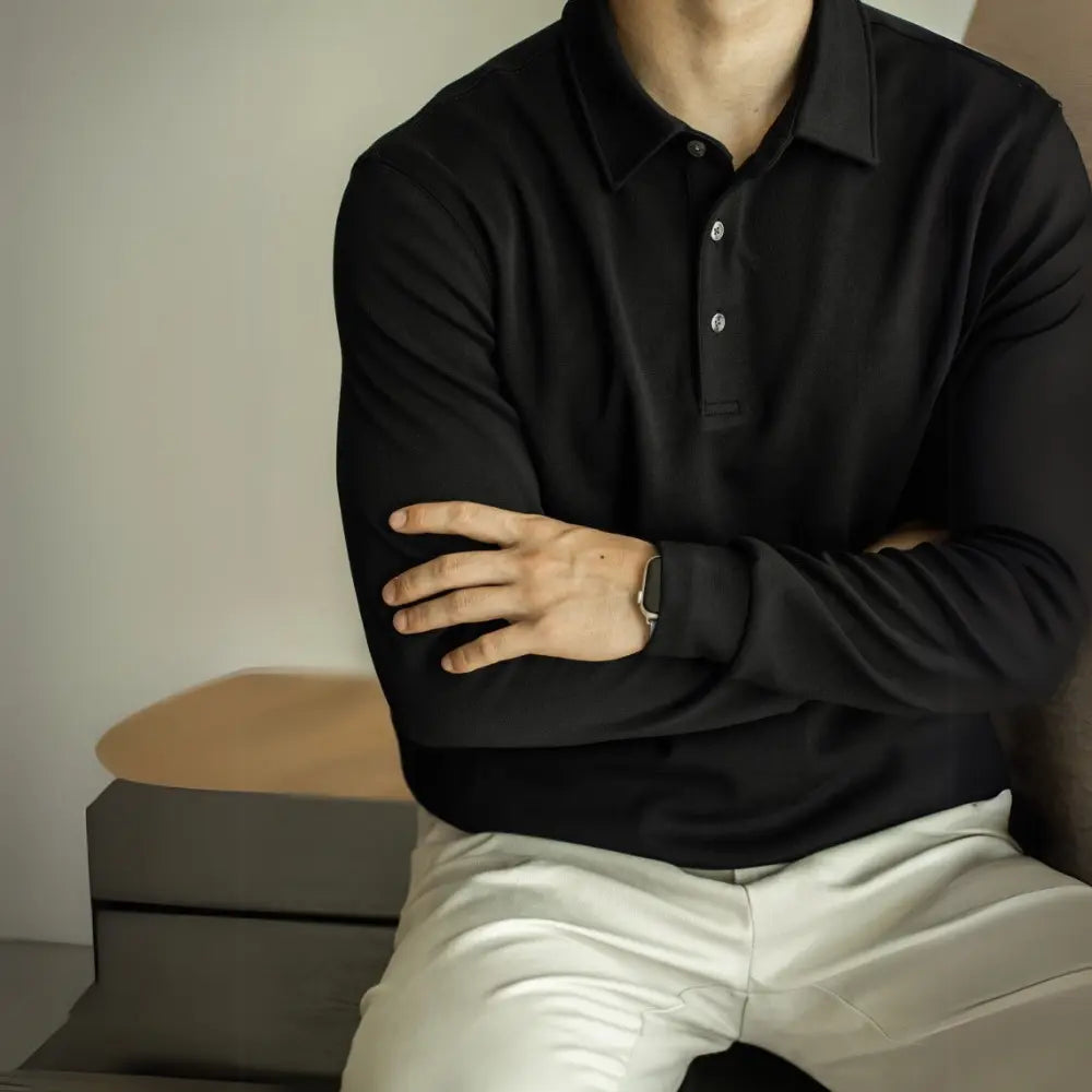 Slim Fit Long Sleeve Polo T Shirt – Gray, Black | Business Casual | Flocking Detail Prendersons