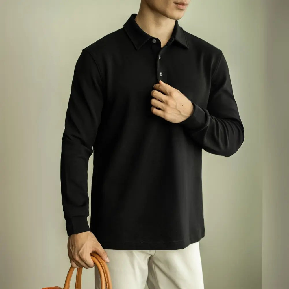 Slim Fit Long Sleeve Polo T Shirt – Gray, Black | Business Casual | Flocking Detail