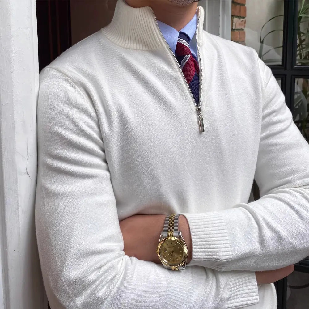 Men's Stand Collar Zipper Knitted Long Sleeve Sweater – Black, White & Brown | Old Money Menswear Prendersons