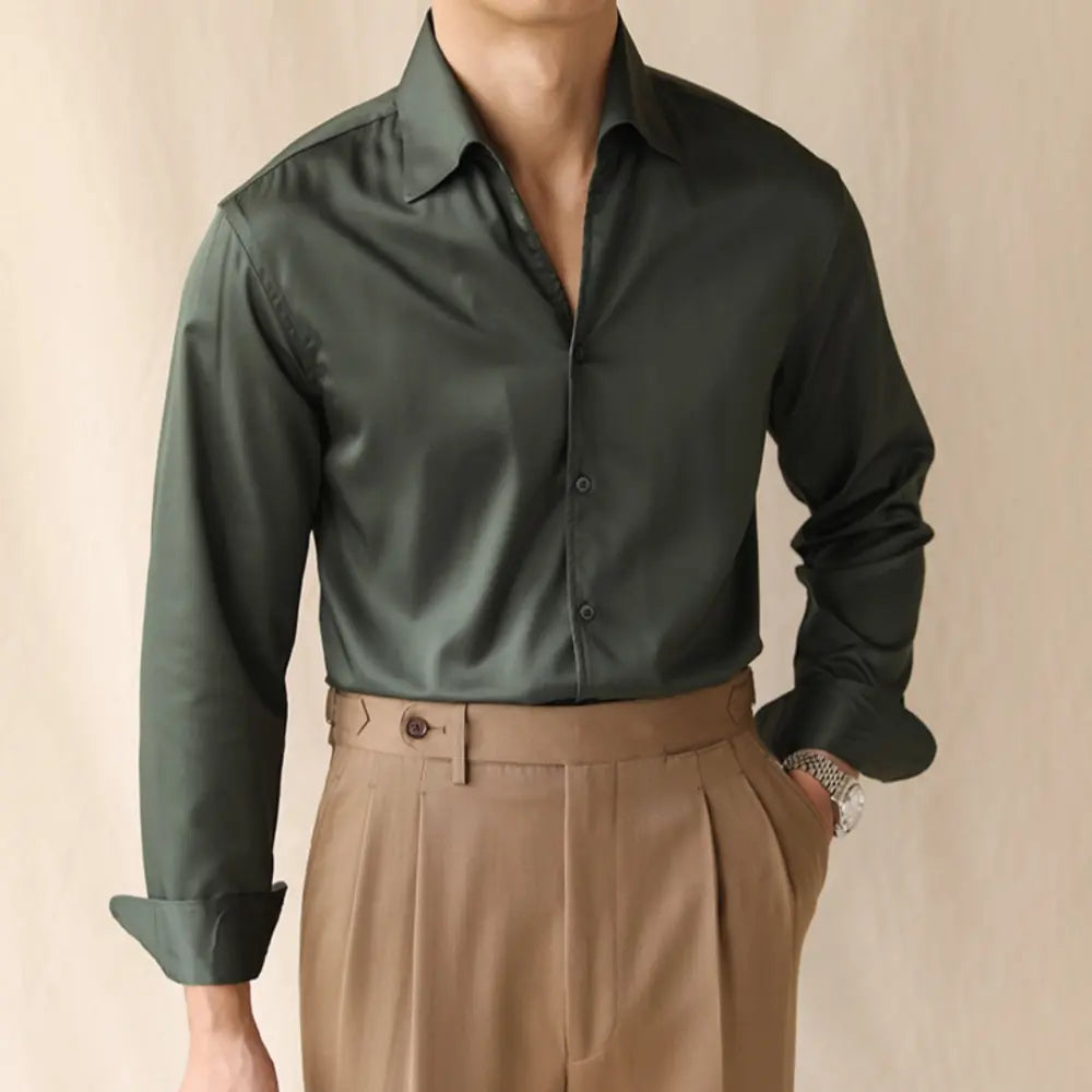 Loose Fit One-piece Collar Long Sleeved Shirt –  Iron Red, Jungle Green, Black, White | Leisure Style | Crisp Non-Iron Look