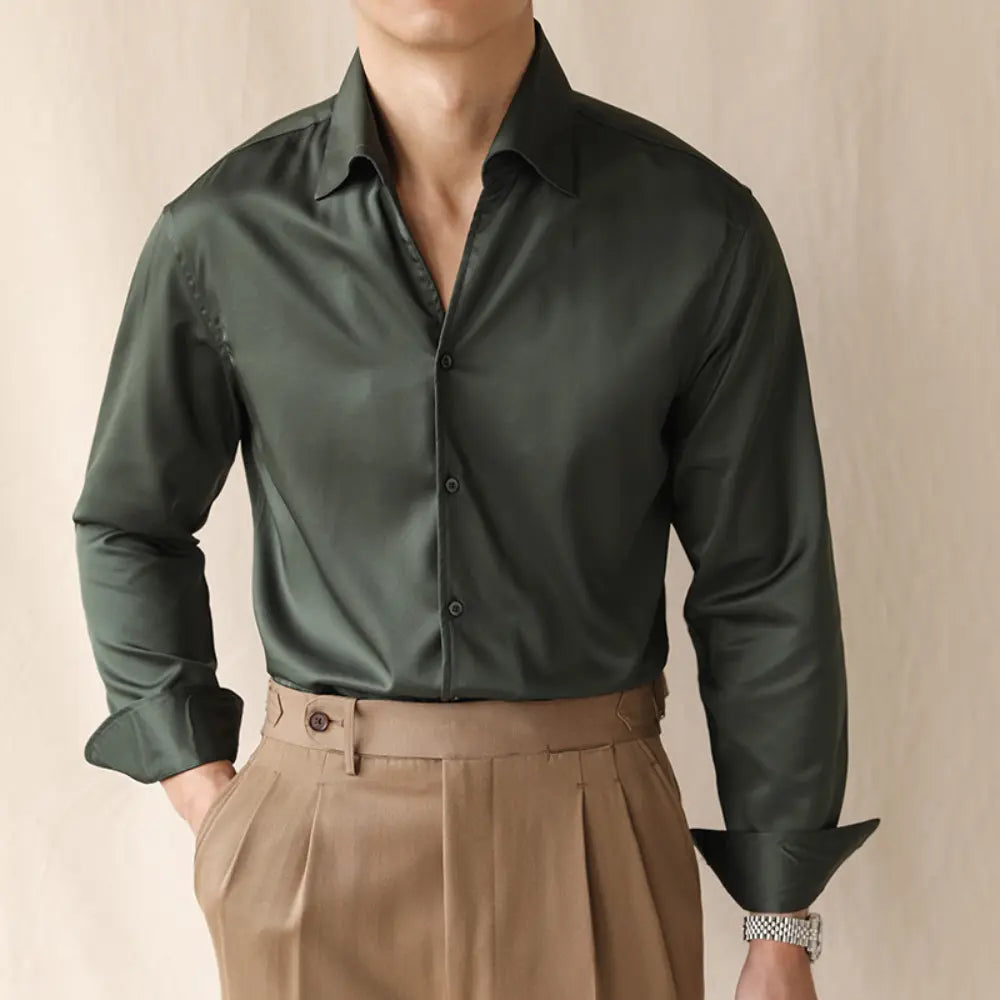 Loose Fit One-piece Collar Long Sleeved Shirt –  Iron Red, Jungle Green, Black, White | Leisure Style | Crisp Non-Iron Look