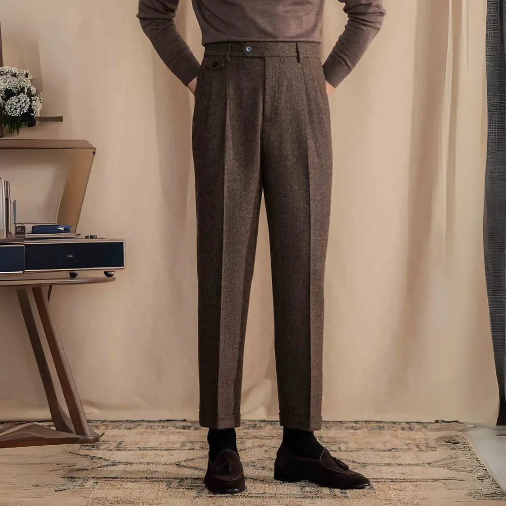 Retro British Wool Herringbone Trousers Prendersons