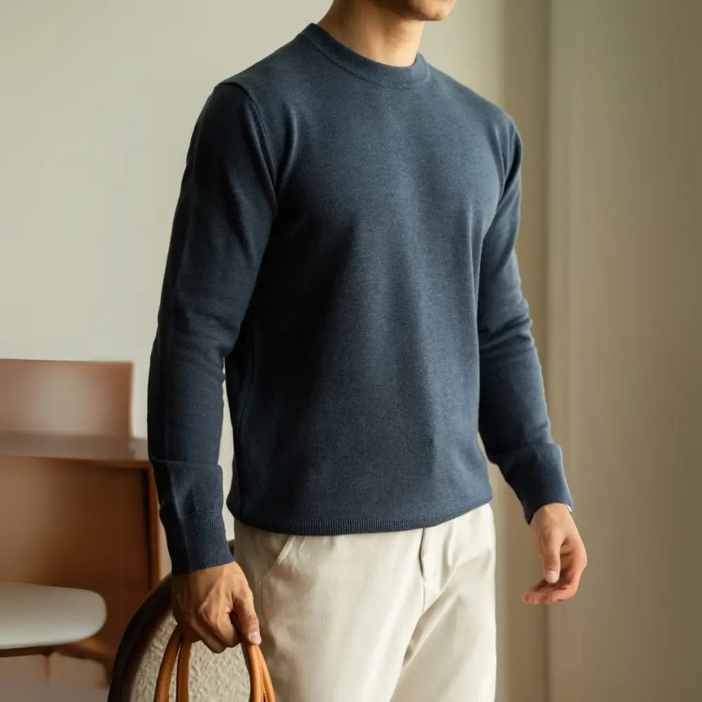 Wool Tencel Round Neck Commuter Solid Color Base Sweater Prendersons
