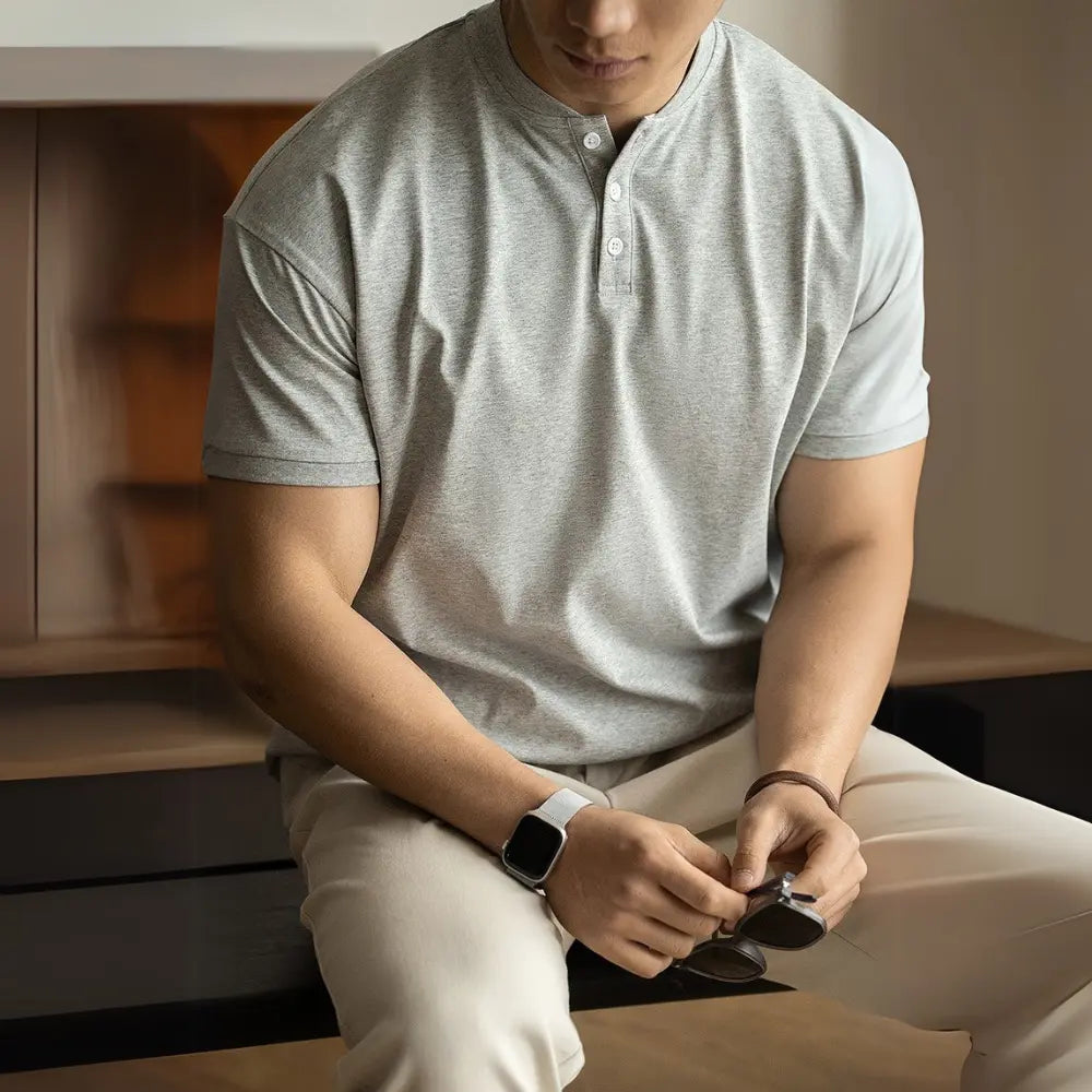 American Casual Henley T shirt Breathable Thin Short Sleeve – Ivory White | Leisure Summer Wear | Old Money Menswear