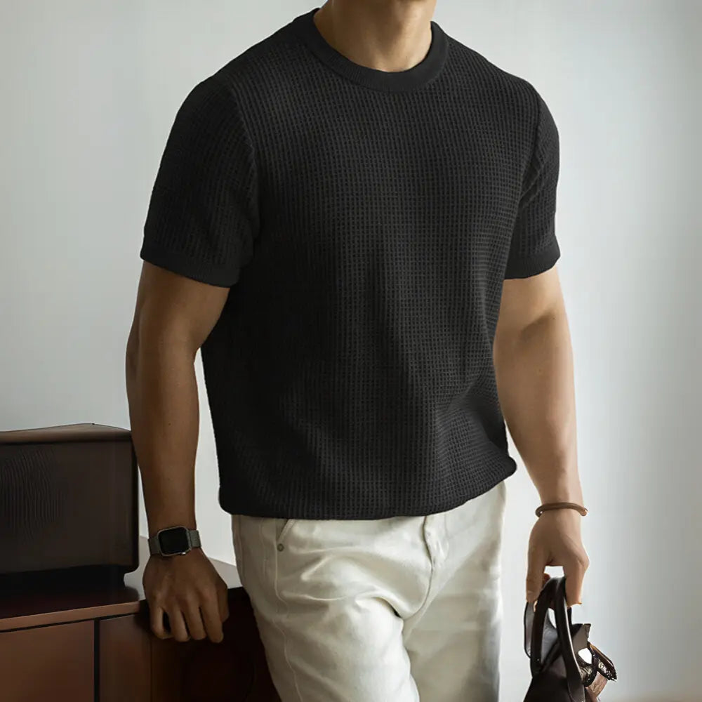 American Retro Waffle Drape Round Neck Short Sleeve T-shirt Prendersons