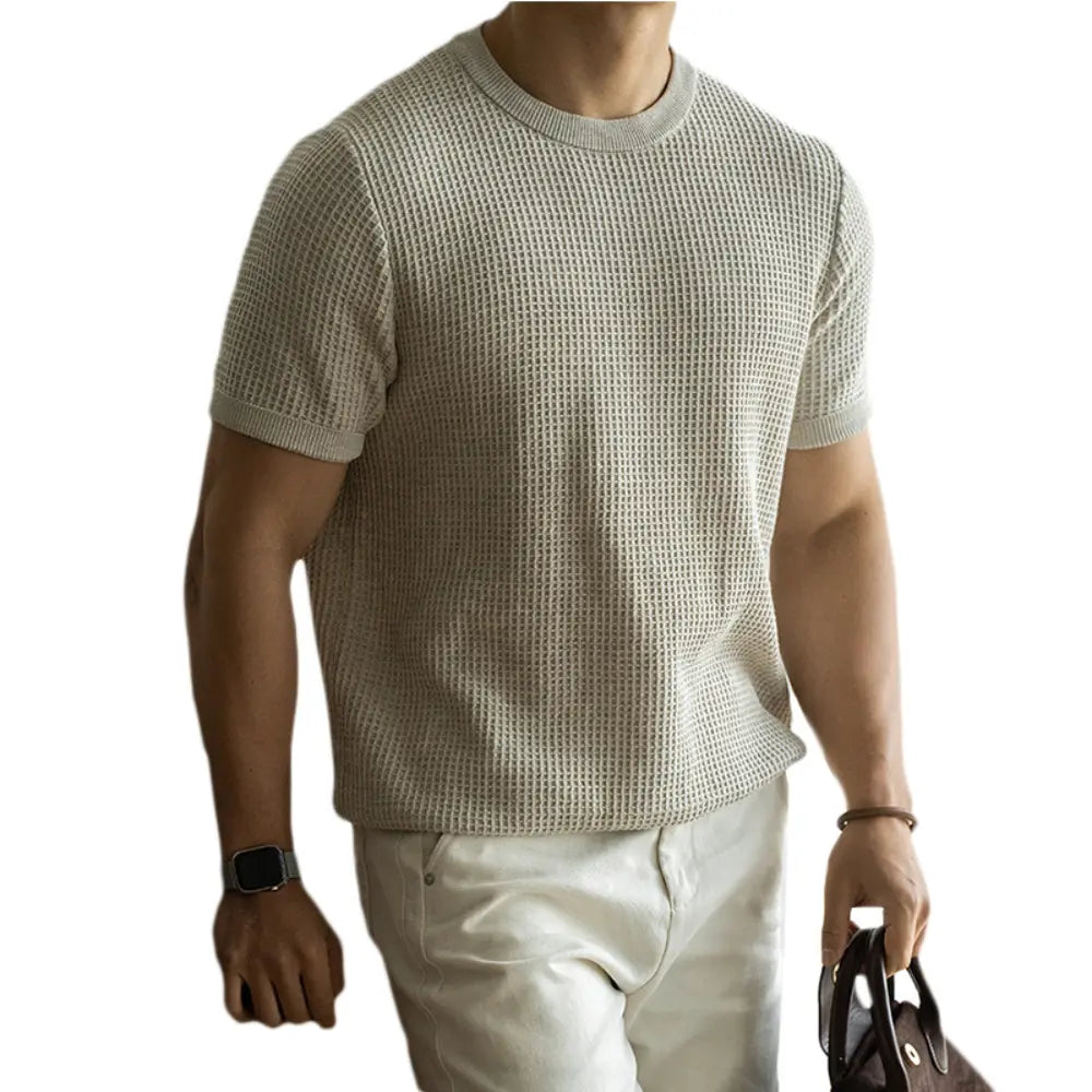 American Retro Waffle Drape Round Neck Short Sleeve T-shirt Prendersons