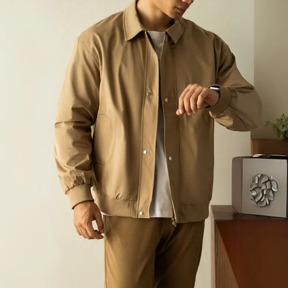 Regular Fit Trucker Jacket – Khaki & Black | Autumn Smart Casual | Anti-Wrinkle Finish