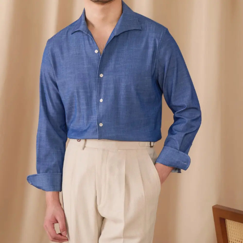 Slim Fit One Piece Collar Shirt – Denim Blue | Autumn Casual | British Drape & Anti-Wrinkle Finish