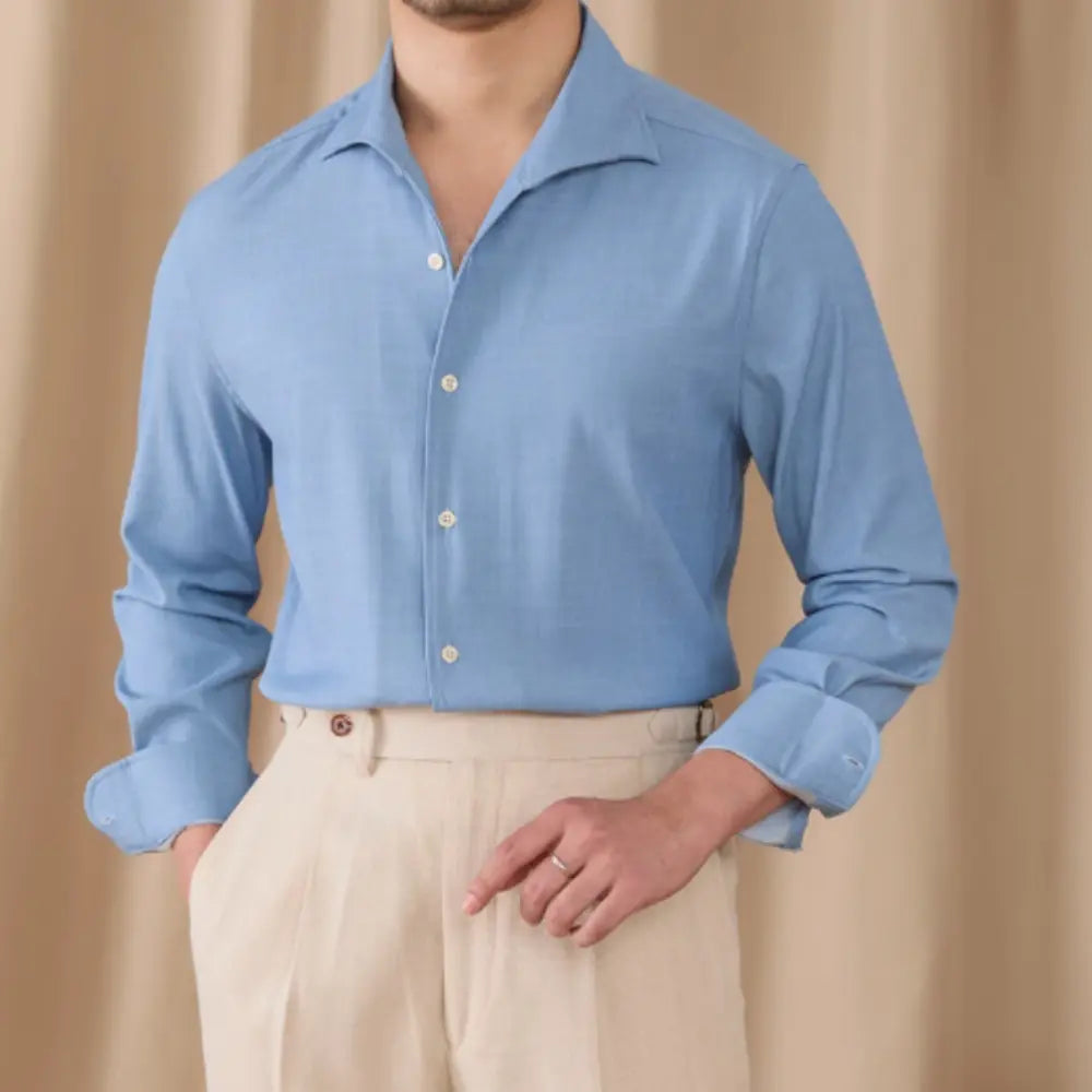 Slim Fit One Piece Collar Shirt – Denim Blue | Autumn Casual | British Drape & Anti-Wrinkle Finish