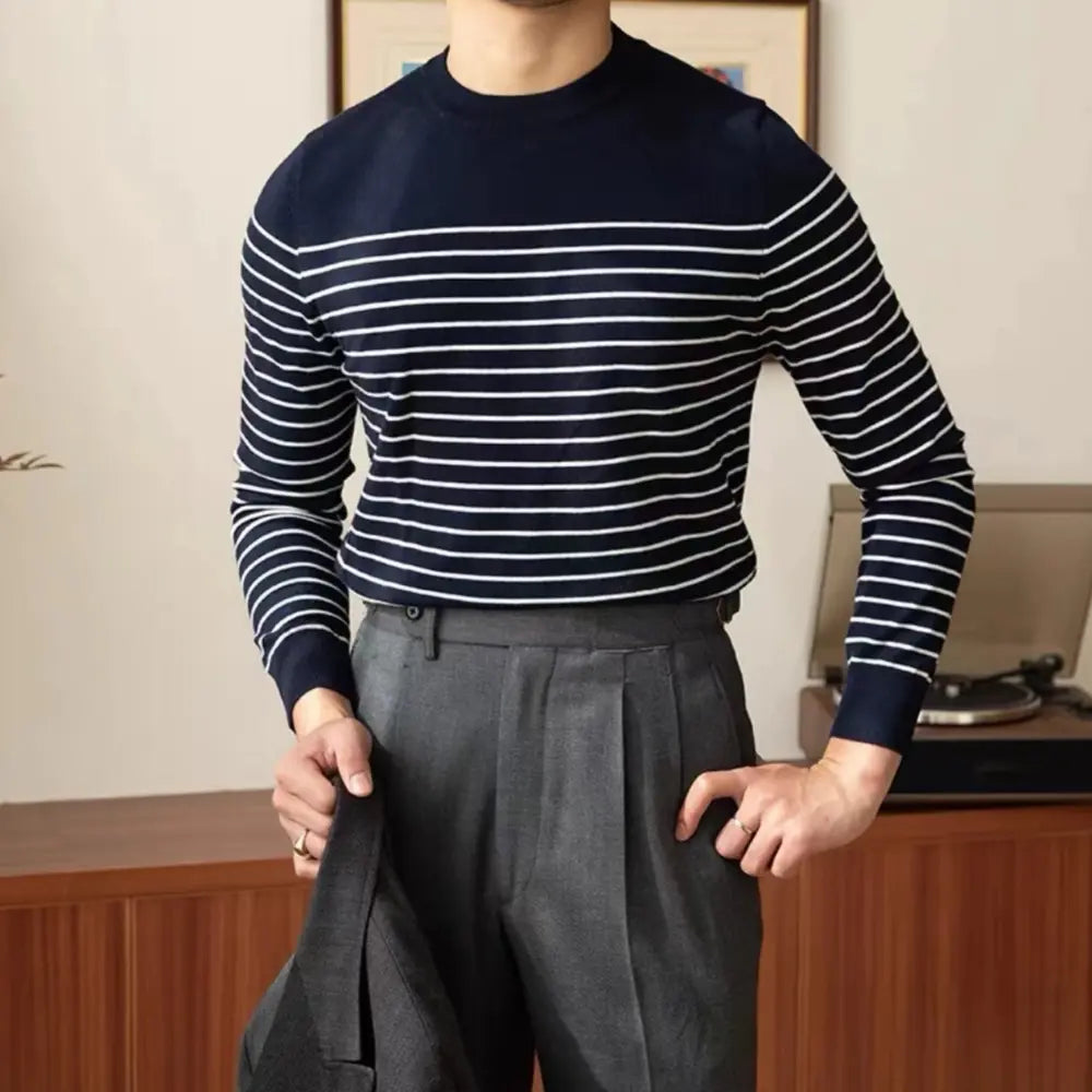 Business Commute Contrast Color Long Sleeves Mens Striped Sweater– White & Navy | Old Money Knitwear