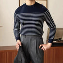 Business Commute Contrast Color Long Sleeves Mens Striped Sweater– White & Navy | Old Money Knitwear Prendersons