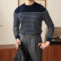 Business Commute Contrast Color Long Sleeves Mens Striped Sweater– White & Navy | Old Money Knitwear Prendersons
