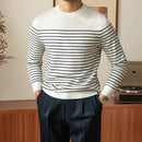 Business Commute Contrast Color Long Sleeves Mens Striped Sweater– White & Navy | Old Money Knitwear Prendersons