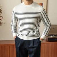 Business Commute Contrast Color Long Sleeves Mens Striped Sweater– White & Navy | Old Money Knitwear Prendersons