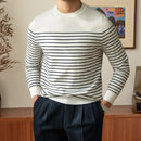 Business Commute Contrast Color Long Sleeves Mens Striped Sweater– White & Navy | Old Money Knitwear Prendersons