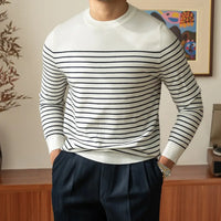 Business Commute Contrast Color Long Sleeves Mens Striped Sweater– White & Navy | Old Money Knitwear Prendersons